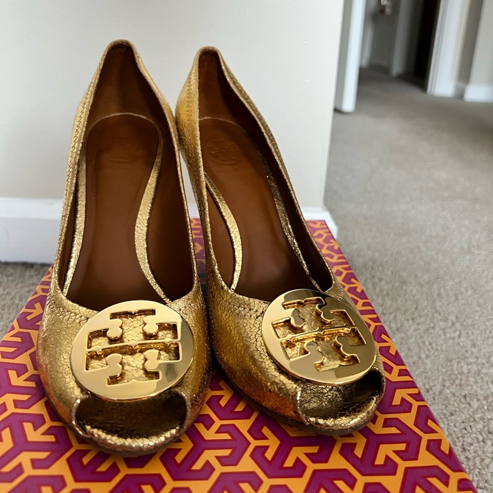 Tory Burch Gold Leather Wedge Peep-Toe with Logo Medallion